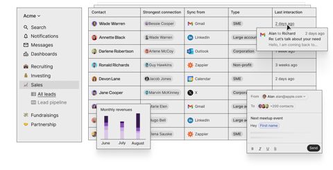 folk screenshot: Contacts table with sync sources