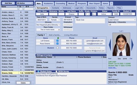 Gradelink screenshot: Student information record