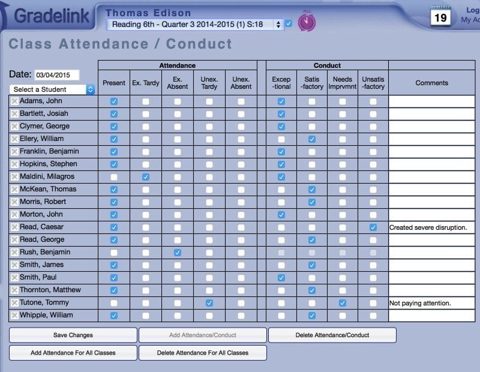 Gradelink screenshot: Class attendance and conduct screen