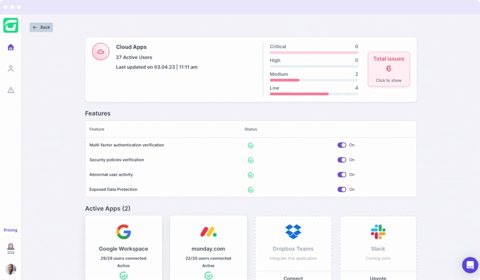 Guardz screenshot: Cloud apps risk and features
