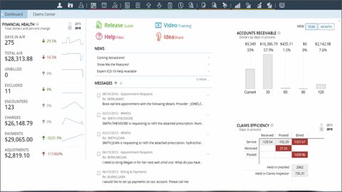AdvancedMD screenshot: Billing dashboard with claims and receivables