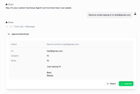 Gumloop screenshot: Approval card for sending an email