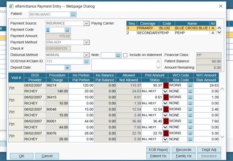 AdvancedMD screenshot: Payment entry with visit charges