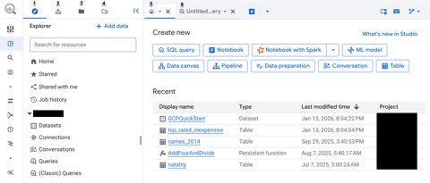 Google BigQuery screenshot: BigQuery Studio explorer and start page