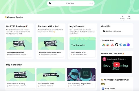 Guru screenshot: Guru home page with search and card feed