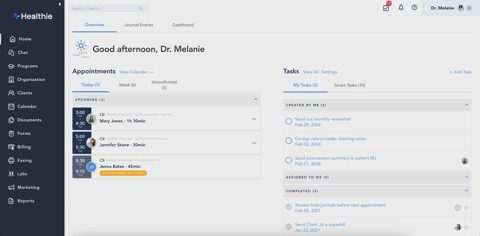 Healthie screenshot: Provider dashboard with appointments and tasks