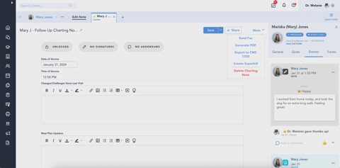 Healthie screenshot: Charting note editor