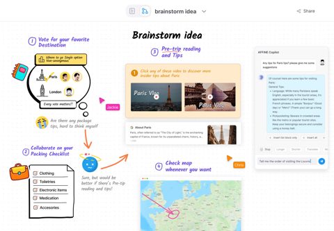 AFFiNE screenshot: Whiteboard canvas with AI side panel