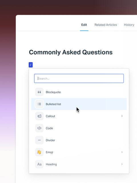Help Scout Docs screenshot: Article editor block menu