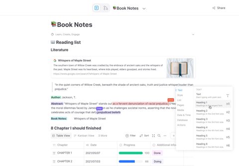 AFFiNE screenshot: Notes doc with reading list table