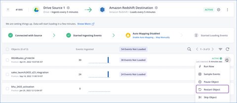 Hevo Data screenshot: Pipeline objects list with object actions menu