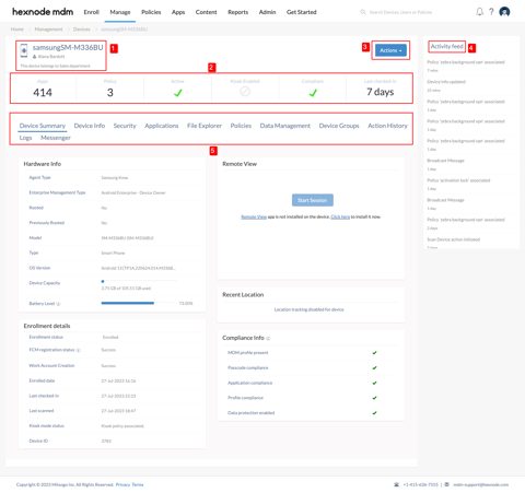 Hexnode screenshot: Device details page