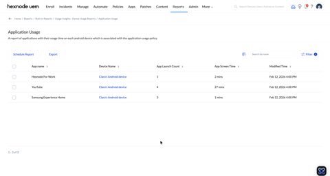 Hexnode screenshot: Application usage report