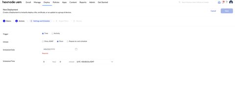 Hexnode screenshot: Automation deployment trigger and schedule