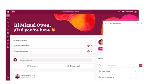 HiBob screenshot: Home dashboard with Bob Companion panel