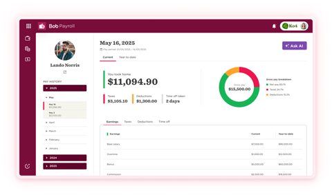 HiBob screenshot: Payroll summary with pay breakdown