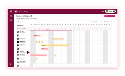HiBob screenshot: Time off calendar for the team