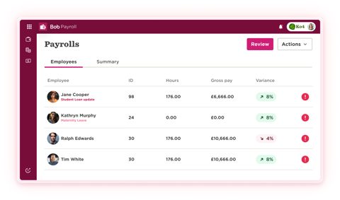 HiBob screenshot: Payroll employee list with variance