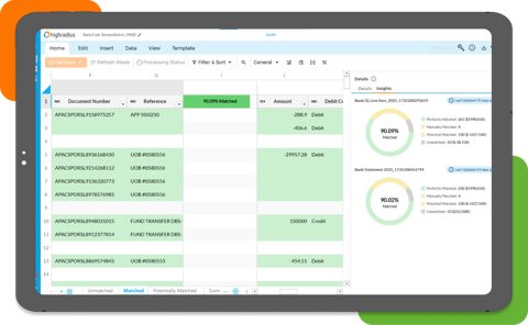 HighRadius screenshot: Bank reconciliation matching grid