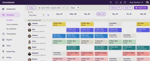 Homebase screenshot: Weekly team schedule grid
