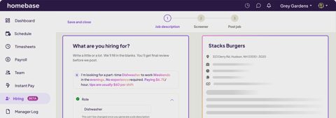 Homebase screenshot: Hiring job post builder