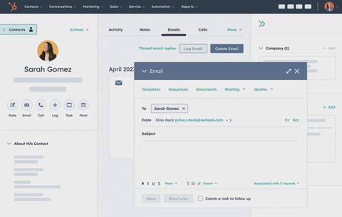 HubSpot screenshot: Contact record with email composer