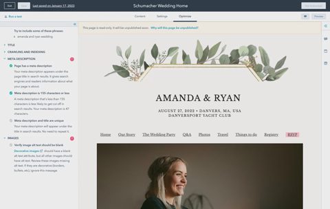 HubSpot Marketing Hub screenshot: Page editor with SEO recommendations