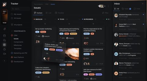 Huly screenshot: Issue tracker kanban board with inbox