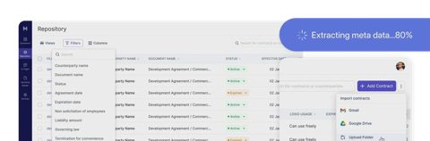HyperStart CLM screenshot: Contract repository with extracted metadata
