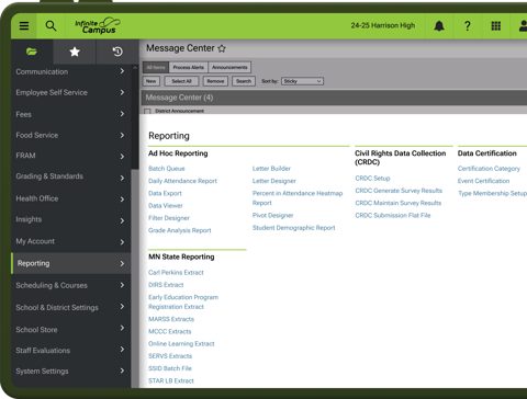 Infinite Campus screenshot: Reporting menu in the Campus SIS
