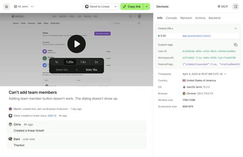 Jam screenshot: Jam recording with devtools panel