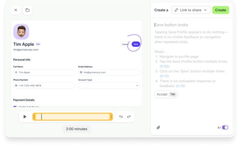 Jam screenshot: AI-drafted bug report beside video