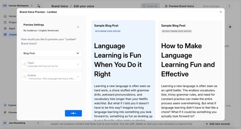 Jasper screenshot: Brand voice preview settings
