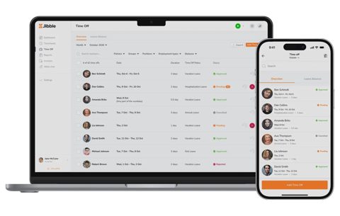 Jibble screenshot: Time off requests on web and mobile