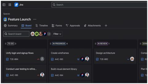 Jira screenshot: Feature launch board, dark mode