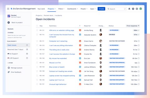 Jira Service Management screenshot: Open incidents queue