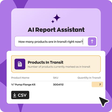 inFlow Inventory screenshot: AI report assistant answering stock question