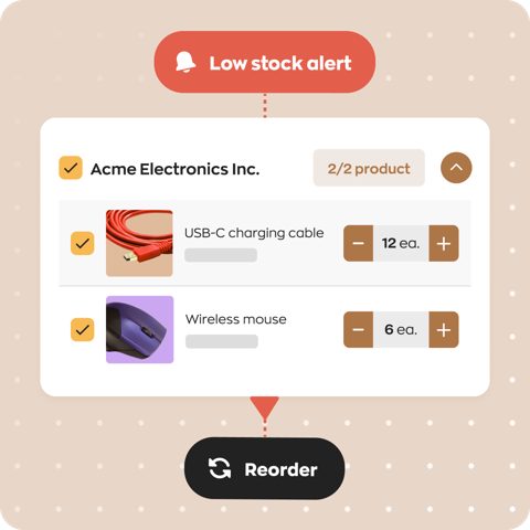 inFlow Inventory screenshot: Low stock alert with reorder action
