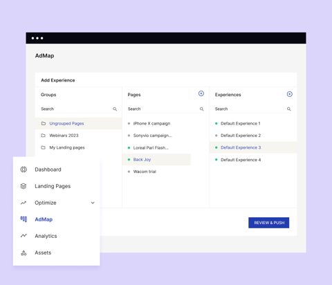 Instapage screenshot: AdMap experiences and pages setup