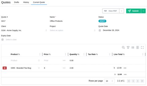Invoiced.ai screenshot: Quote editor with line items
