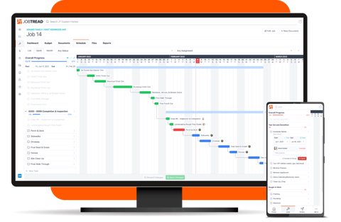 JobTread screenshot: Schedule Gantt view with mobile app
