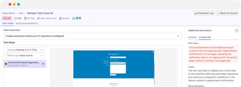 Katalon screenshot: Failed test root cause analysis