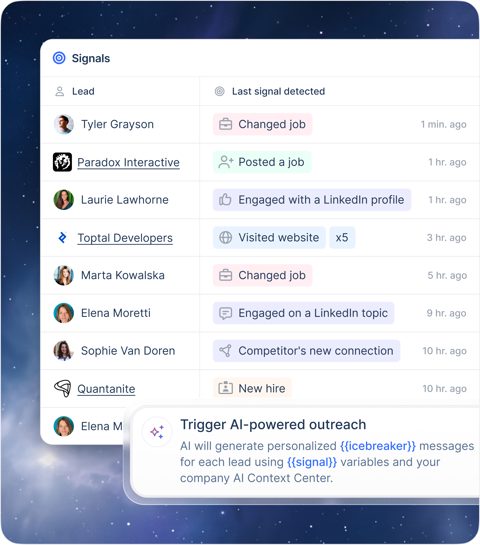 lemlist screenshot: Signals feed of lead activity