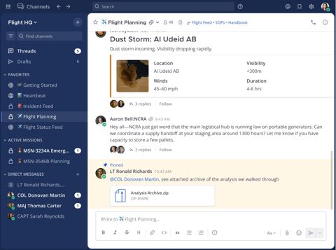 Mattermost screenshot: Channels with threads and pinned post
