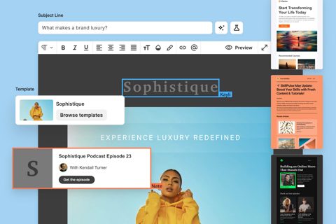Kit screenshot: Email editor with templates